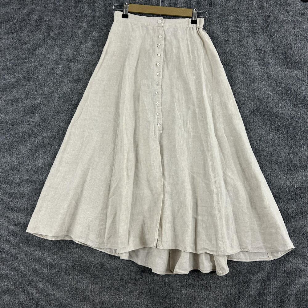 Lanhtropy Skirt XS Linen Button Front Cream Front Slit Midi Boho Summer Peasant